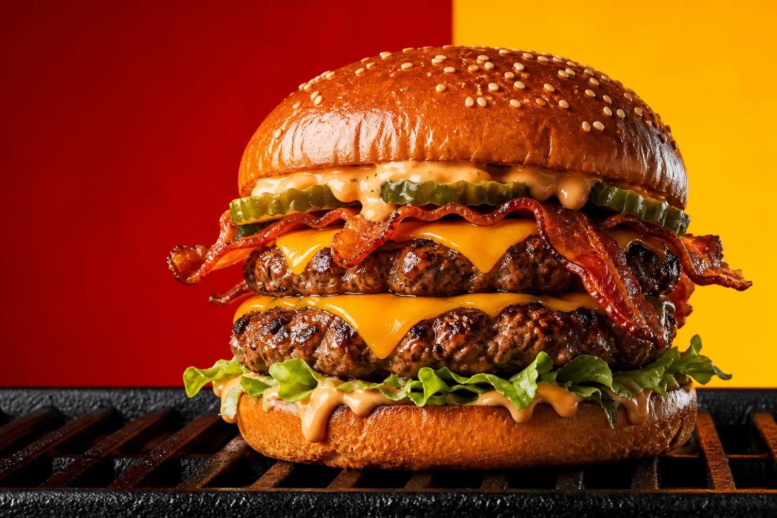 Mehevä pekoni-cheddar-lihaburgeri punakeltaisella taustalla.
